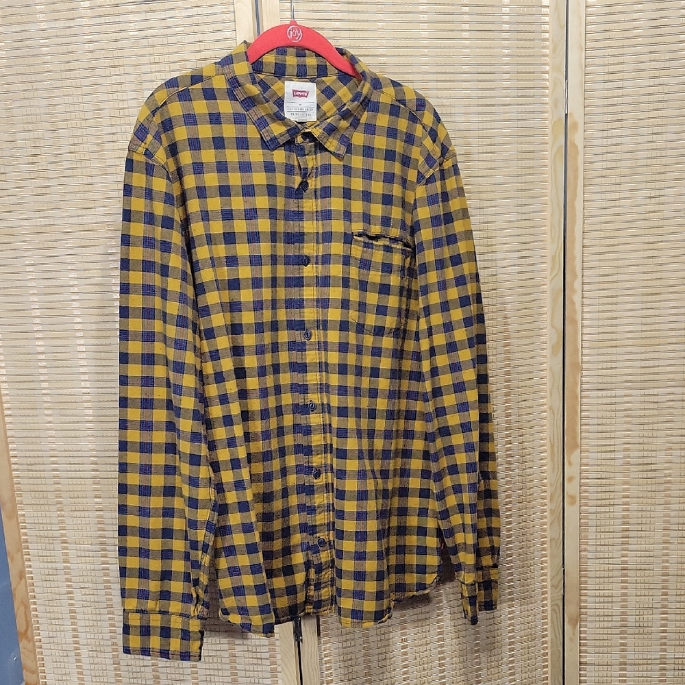 EUC Levi's Men's Mustard/Blue Plaid Shirt - Size XL